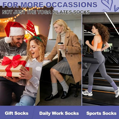 Pilates Grip Socks for Women, Non Slip Scrunch Yoga Socks for Home, Workout - color: 3pairs-black+lightgrey+purple