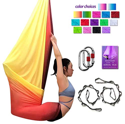 Aerial Yoga Hammock L:5M W:2.8M 5.5 Yards Aerial Pilates Silk Yoga Swing Set with 2000 Ibs Load Include Daisy Chain, Pose Guide - color: Gradual Change Red