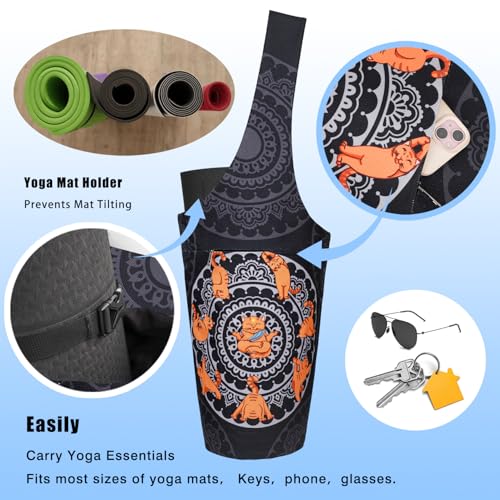 Yoga Mat Bag - Large Opening Long Tote Yoga Mat Carrier Holder Bag with Waterproof Wet Zipper Pocket and Drawstring Water Bottle Pocket - Yoga Bag Fit Most Size Mats - color: Cat Yoga Black