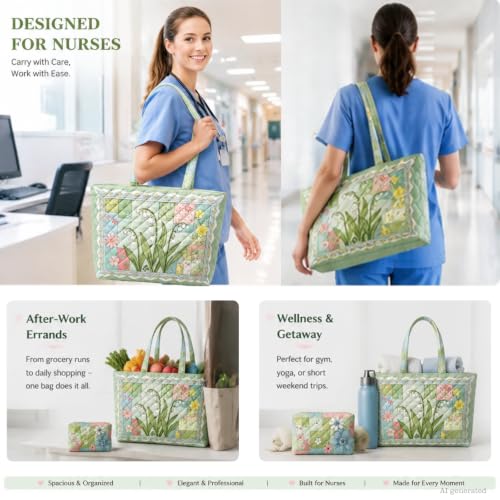 Quilted Tote Bag 2 Pack, Women's Tote Handbags for Work Travel - color: Sage Green Floral