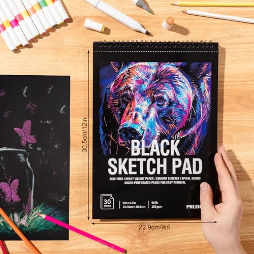 Black Paper Sketchbook 9 × 12 in, 30 Sheets, 160gsm Spiral Bound | Acid-Free 98Lb Black Paper, Lays Flat, Clean Tear-Out Pages, for Colored Pencil, Chalk, Gel Pens And Mixed Media - size: 9×12 Inch (1 pack)