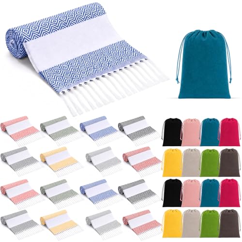 Peryiter 16 Pcs Oversized Cotton Turkish Beach Towels with Storage Bags - Stripe, Quick Dry, Sand-Free, Lightweight 39x71 Inch Towels for Pool, Beach, Yoga, Camping, Spa