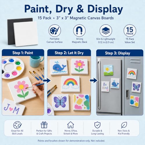 15 Pack 3 Inch Square Mini Magnetic Canvas Boards for Painting | 15 mini square canvases with soft magnetic backs for painting, refrigerator display, classroom crafts, and handmade gifts. - style: Square-15pcs