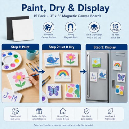 15 Pack 3 Inch Square Mini Magnetic Canvas Boards for Painting | 15 mini square canvases with soft magnetic backs for painting, refrigerator display, classroom crafts, and handmade gifts. - style: Square-15pcs
