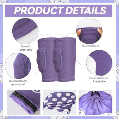 6 Pcs Volleyball Knee Pad and Arm Sleeve Volleyball Accessories Drawstring Bag Softball Headbands Volleyball Protection Training and Games Equipment Gifts - color: Purple, size: Medium