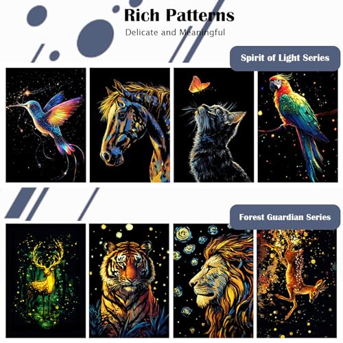 Scratchboard Art for Adults Luminous Scratch Painting Kits-A5/8 PCS-Animals | Luminous Scratch Painting Paper Kit, Relaxing Art Therapy Activity for Adults, Hand Coordination Craft, Creative Outlet Gift - style: Animal