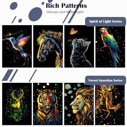 Scratchboard Art for Adults Luminous Scratch Painting Kits-A5/8 PCS-Animals | Luminous Scratch Painting Paper Kit, Relaxing Art Therapy Activity for Adults, Hand Coordination Craft, Creative Outlet Gift - style: Animal