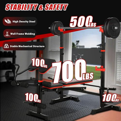MAIDOMA Multi-Function 8 in 1 Foldable Weight Bench Set with Leg Extension - color: rust red