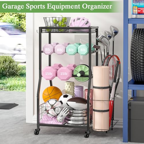 Home Gym Storage Rack, Dumbbell Rack with Yoga Mat Storage, Weight Rack Stand with Lockable Wheels and Hooks, Home Workout Equipment Organizer for Yoga, Dumbbell, Kettlebells, Ball Storage - size: Small