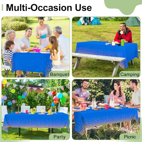 3 Packs Dot Disposable Table Cloth, 54 x 108 Inch Waterproof Plastic Tablecloth, Rectangle Gold Dots in Blue Table Covers for Picnic, Birthday, Party and Back to School - color: Gold in Blue, size: 54" x 108"