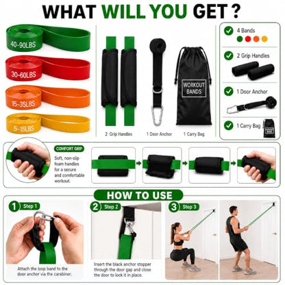 Resistance Bands for Working Out, 5-125LBS Pull Up Assist Bands Set - color: Green and Others With handle