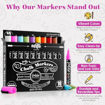 Loddie Doddie Liquid Chalk Markers, Window Markers, Earth Tones, 10 Pack | Flip from Fine to Broad Lines, For Classroom Displays & Home Offices, On Windows, Mirrors & Car Glass, Erasable Glass Markers - size: 1 Count (Pack of 10)