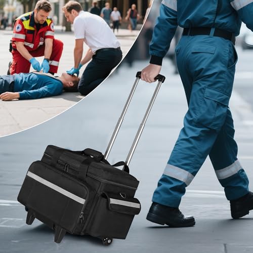 Trunab Rolling Medical Bag with Trolley & Dividers, Nurse Responder Tote - color: Black