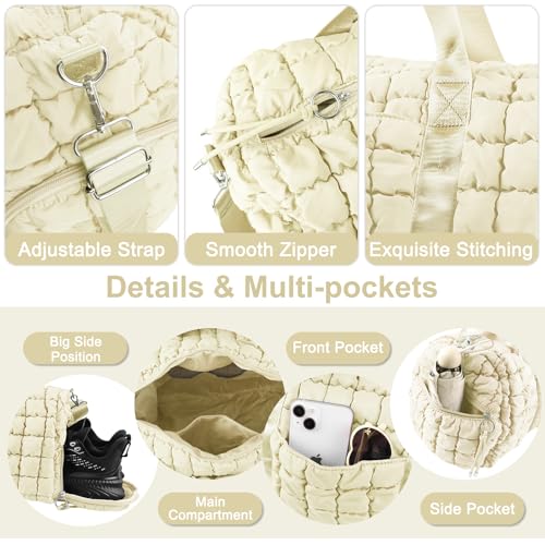Quilted Travel Duffle Bag Gym Bag for Women,Large Puffer Duffle Weekender Bag with Compartment,Workout Overnight Carry on Organizer Bag Duffle Bag for Airplane Travel(L-Off-white) - color: Off-white, size: Large