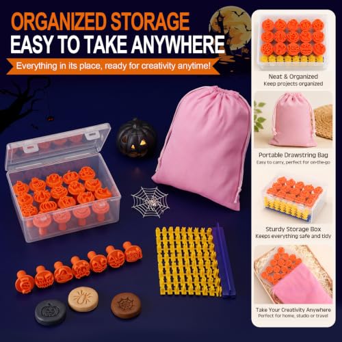30 Pcs Halloween Pattern Clay Modeling Stamp Set with 72-Character Letter Stamps and Storage Box, Halloween Pattern Stamps for Polymer/Ceramic Clay, Pottery Craft, Cookie and Jewelry Making - style: Halloween