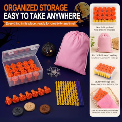 30 Pcs Halloween Pattern Clay Modeling Stamp Set with 72-Character Letter Stamps and Storage Box, Halloween Pattern Stamps for Polymer/Ceramic Clay, Pottery Craft, Cookie and Jewelry Making - style: Halloween