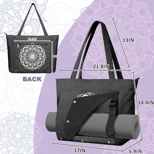Yoga Bag for Women, Large Canvas Yoga Mat Tote Bag with Yoga Mat Carrier | Large Mat Pocket Fitness Tote for Pilates, Gym, Travel, Office & Beach - color: Black Mandala