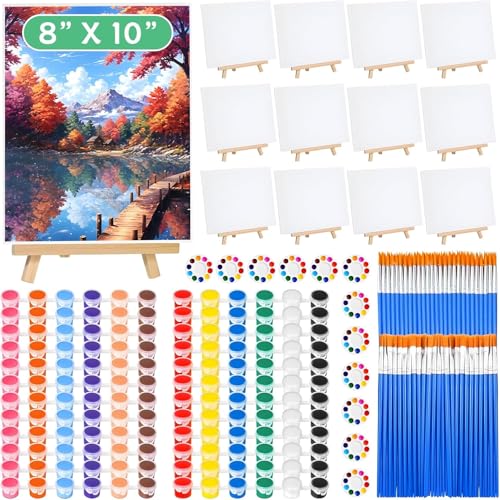 120pcs 8x10 Inch Painting Supplies Kit, 12 Colors Mini Acrylic Paint Set | 12 Pack Art Canvas Bulk with Easel Stand, Small Paint Brushes, Paint Trays, Paint Canvas Kit