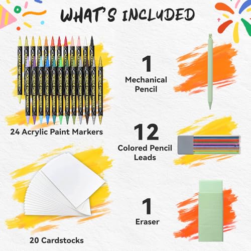 24 Colors Acrylic Markers, Dual Tip Acrylic Paint Markers | Fine & Brush Tip Paint Markers for Rock, Wood, Canvas, Glass, Ceramic, Fabric, DIY Crafts, Art Supplies with Bonus Cards - color: 24 Colors