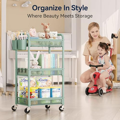 YASONIC 3 Tier Metal Rolling Cart, Green Utility Storage Cart with Wheels - color: Green, size: 3-tier