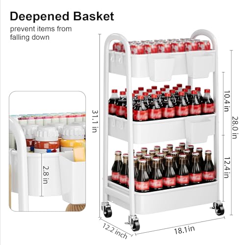 Heavy Duty 3 Tier Rolling Cart Metal with Wheels, White Three Tiered Shelf | Utility Roller Storage Carts Organizer on Wheels for Art, Craft,Baby Nursery, Diaper Caddy,Postpartum,Bedside,Cleaning Supply - color: Pure White