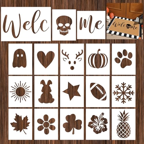 Fullhawl 18 Pcs Stencils for Door Mats, Large Seasonal Painting Stencils | Holiday Templates, Reusable Coir Doormat Stencils, Welcome Mat Stencil, Drawing DIY Project, Window Walls Floor Canvas Decor