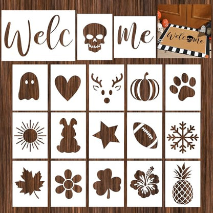 Fullhawl 18 Pcs Stencils for Door Mats, Large Seasonal Painting Stencils | Holiday Templates, Reusable Coir Doormat Stencils, Welcome Mat Stencil, Drawing DIY Project, Window Walls Floor Canvas Decor