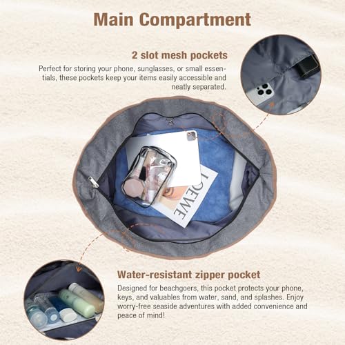 Beach Bag for Women - 35L Large Tote Bag, Waterproof & Sandproof, Zippered Carry On Bag for Pool, Beach & Travel - color: Grey