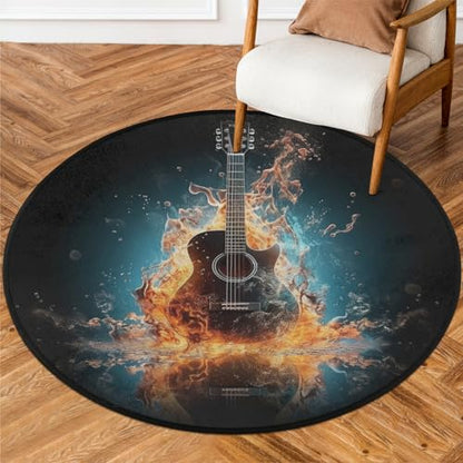 Electric Guitar Music Round Area Rug 5Ft Fire Guitar CircleCarpet Floor Mat - color: Guitar, size: 5 ft