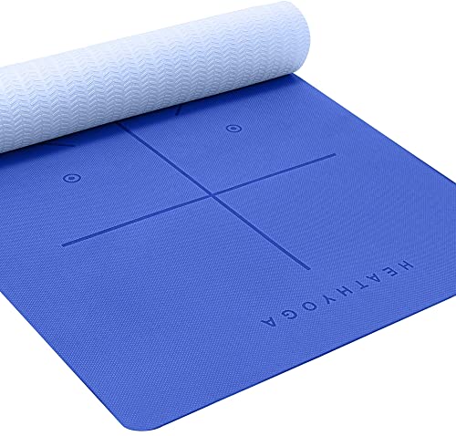 Heathyoga Yoga Mat Non Slip TPE Pilates Exercise Mats for Home Workout Gym Fitness Eco Friendly Thick Hot Yoga Mat with Strap Body Alignment,72"x 26" Thickness 1/4" - color: Blue