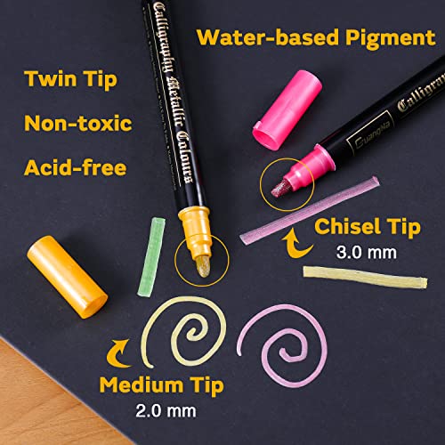 Sunshilor Metallic Markers Calligraphy Metallic Marker Pens Dual Tip Chisel and Medium Point Pens for Black Paper, Rock Painting, Easter Egg, Halloween Pumpkin, Card Making, Metal, Ceramic, Wine Glass - style: Dual Tip