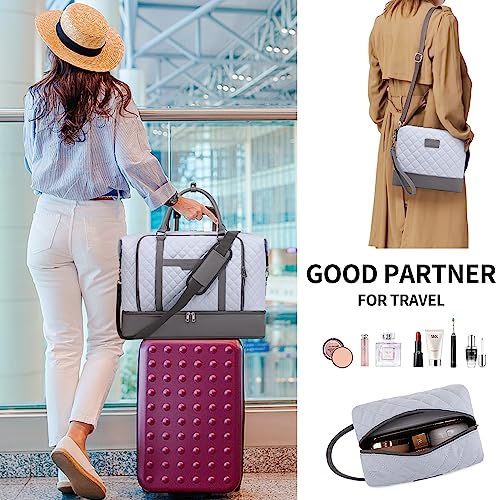 Weekender Bag, Large Travel Duffel Bag for Women, Carry on Overnight Bag with Shoe Compartment and Toiletry Bags - color: B-Light-Blue