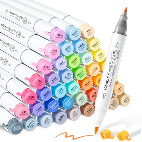 Ohuhu Alcohol Markers Brush& Fine 48 Mid-tone Colors for Adults Coloring | AP Certified Refillable Art Marker, Dual Tips Alcohol-based for Artists Beginners Drawing Illustration Sketching, Honolulu 2B