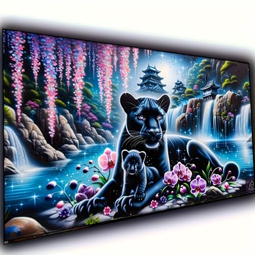 KUFWKEY Panther Diamond Art Kits for Adults,Waterfall Landscape Leopard 5D Diamond Painting Kits,Fantasy Animal Full Round Diamond Dots Kits,DIY Mosaic Craft for Home Decor 27.5x15.7inch - color: leopard