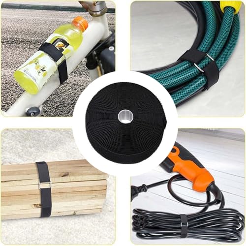 16Ft x 1In Adjustable Cable Straps with 25 Metal Buckles, Black Reusable Fastening Cable Ties, Wire Management, Free Cut Length, Hook and Loop Securing Strap for Cable Tidy (16Ft x 1In)