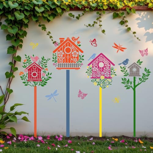 Large Stencils for Painting Walls Bird House Stencil | Reusable Stencil for Wood Fence Room Wall Window Glass - style: Bird House