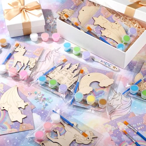 Saypacck 24 Pcs Rainbow Unicorn Party Favors Wooden Paint Craft Kits | Rainbow Designs with Paints, Packaged for Goodie Bag Fillers, Fun Craft Activity, Thank You Gifts and Decorations - style: Rainbow Unicorn