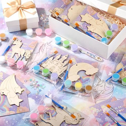 Saypacck 24 Pcs Rainbow Unicorn Party Favors Wooden Paint Craft Kits | Rainbow Designs with Paints, Packaged for Goodie Bag Fillers, Fun Craft Activity, Thank You Gifts and Decorations - style: Rainbow Unicorn