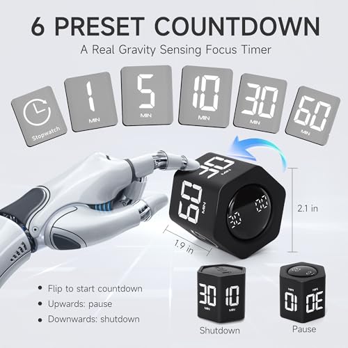 Productivity Timer, 1, 5, 10, 30, 60 Minute Presets, Desk Cube Timer | Gravity sensor, mute and vibration modes; ADHD-friendly for work, study, kitchen and back to school - color: Black