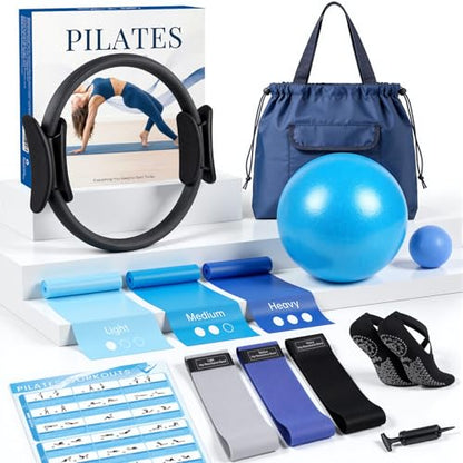 GINMIC Pilates Kit, Pilates Equipment for Home Workouts, at Home Pilates Set with Complete Accessories: Pilates Ring, Pilates Ball, Long and Loop Resistance Bands, Socks, Massage Ball, Guide & Bag - color: Black & Blue