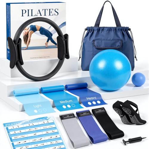 GINMIC Pilates Kit, Pilates Equipment for Home Workouts, at Home Pilates Set with Complete Accessories: Pilates Ring, Pilates Ball, Long and Loop Resistance Bands, Socks, Massage Ball, Guide & Bag - color: Black & Blue