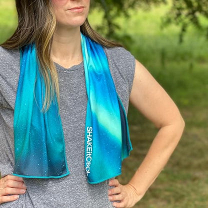 SHAKEitCOOL Extended Size Cooling Towel – Be Cool in Style - Heat Relief, Soft, Lightweight, Sun Protection, Easy Clean - Perfect for Biking, Hiking, Running, Yoga, Golf, Gardening - Alaskan Sky M - color: Alaskan Sky