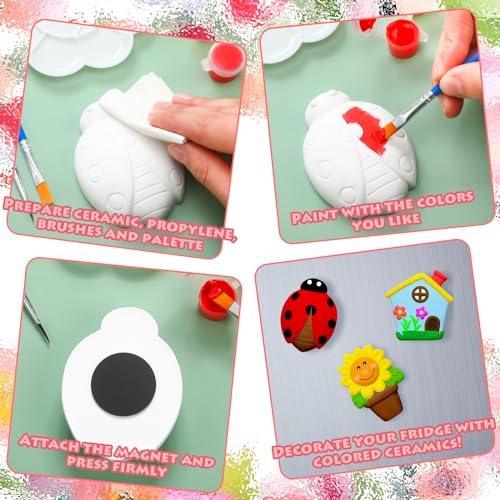 Simgoing 24 Sets Ceramic Painting Kit with Paints Brushes Magnets | Ready to Paint Ceramics Painting Crafts Arts Set with Soft Magnetic Strips for Kids DIY Assorted Shapes Like Flowers Animals - style: Spring
