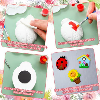 Simgoing 24 Sets Ceramic Painting Kit with Paints Brushes Magnets | Ready to Paint Ceramics Painting Crafts Arts Set with Soft Magnetic Strips for Kids DIY Assorted Shapes Like Flowers Animals - style: Spring