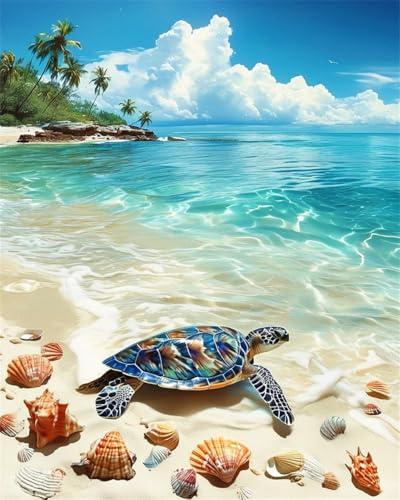 ZRIZQ Beach Paint by Numbers Kit for Adults Beginner,Turtle,16x20 | Full set with rich paints,wooden brushes,rolled canvas.Calming activity.Beginner friendly.Just open and paint. - color: 16"X20"Rolled Canvas-Beach Turtle
