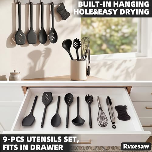 Kitchen Utensils Set,9 PCS Silicone Cooking Utensils Set Spatula Set,Non Toxic Cooking Utensils,Tongs,Spoon,Whisk,Brush,BPA Free Kitchen Gadgets for Non-Stick Cookware,Home Essential(Black-9P) - color: Black
