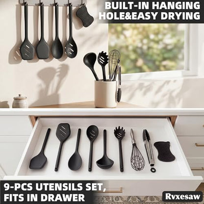 Kitchen Utensils Set,9 PCS Silicone Cooking Utensils Set Spatula Set,Non Toxic Cooking Utensils,Tongs,Spoon,Whisk,Brush,BPA Free Kitchen Gadgets for Non-Stick Cookware,Home Essential(Black-9P) - color: Black