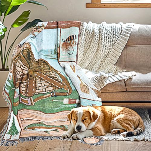 Go Fishing Camping Woven Tapestry Throw Blanket 50 X 60 Inches | Wall Hanging Art, Handicrafts Jacquard, Multipurpose Soft Travel Mat, Outdoor, Fringe Tassels - color: Camping