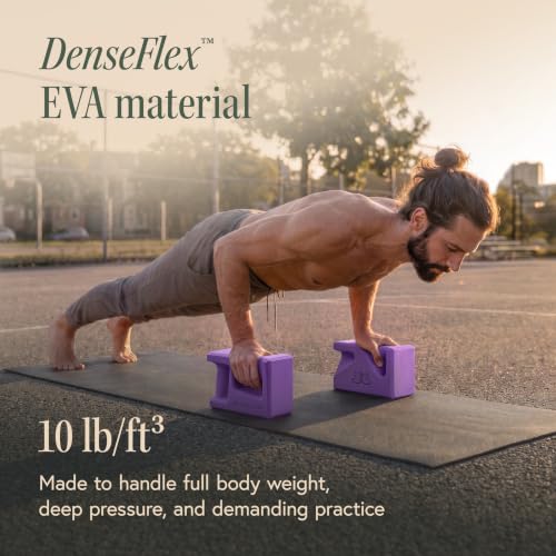 PRO Yoga Blocks | Ergonomic Yoga Block 2 Pack for Wrist Comfort and Support | EVA Foam Exercise Blocks, 2x Knee Pads & Yoga Strap | Pilates Block Set | Bricks to Eliminate Wrist Pain - color: Purple