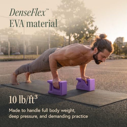 PRO Yoga Blocks | Ergonomic Yoga Block 2 Pack for Wrist Comfort and Support | EVA Foam Exercise Blocks, 2x Knee Pads & Yoga Strap | Pilates Block Set | Bricks to Eliminate Wrist Pain - color: Purple